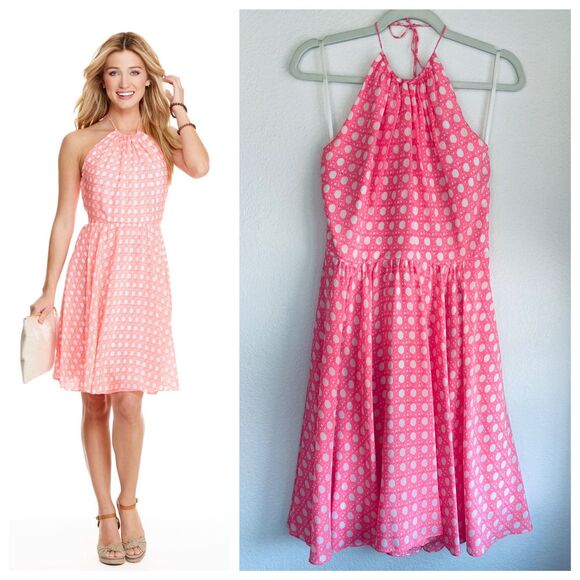 Vineyard Vines Women's 100% Silk Caning Print Halter Dress in Pink - Size 4 - Picture 1 of 13